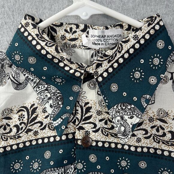 Sopheap Angkor Mens XL Elephant Print Green Ivory Button up Shirt woven - Picture 2 of 15
